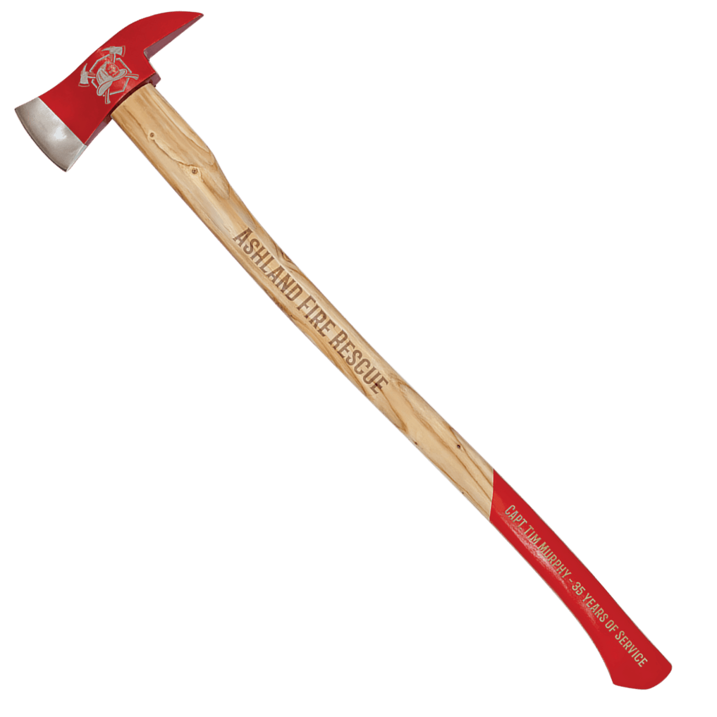 36 inch fireman axe with red powder-coated carbon steel head, beech wood handle and PU leather blade guard