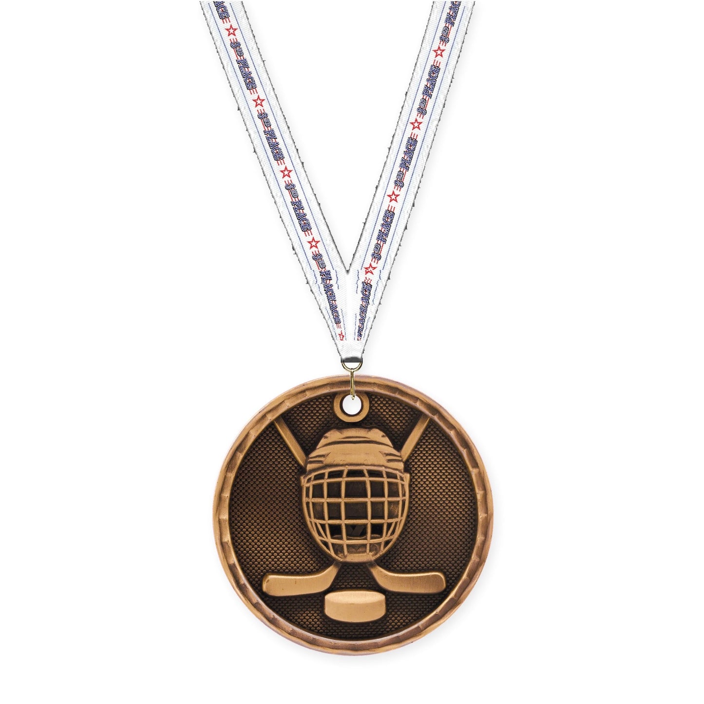 2 inch hockey 3-D medal in antique bronze with 3rd Place neck ribbon