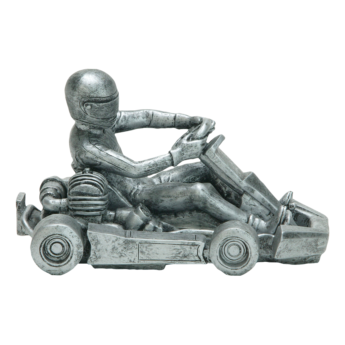 Go-kart racer sculpture trophy in an antique silver finish