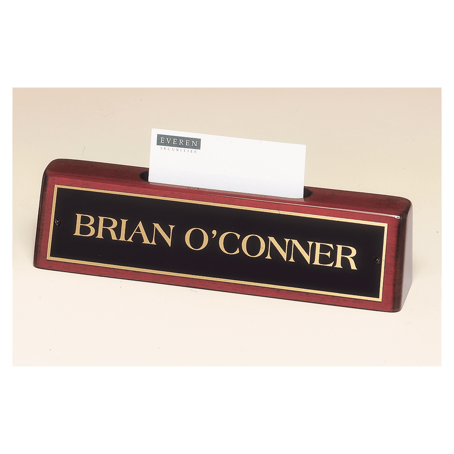 8 1/4" x 2" x 1 1/4" Rosewood Piano Finish Nameplate with Business Card Holder and Black Plate