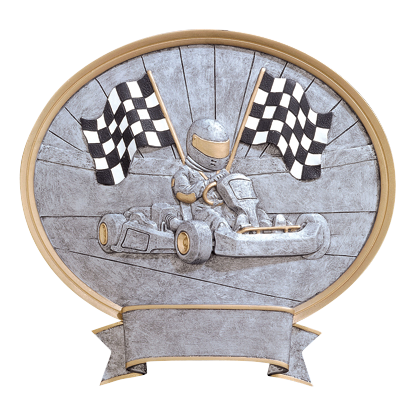 Oval go-kart award with a kart racer under checkered flags in silver relief