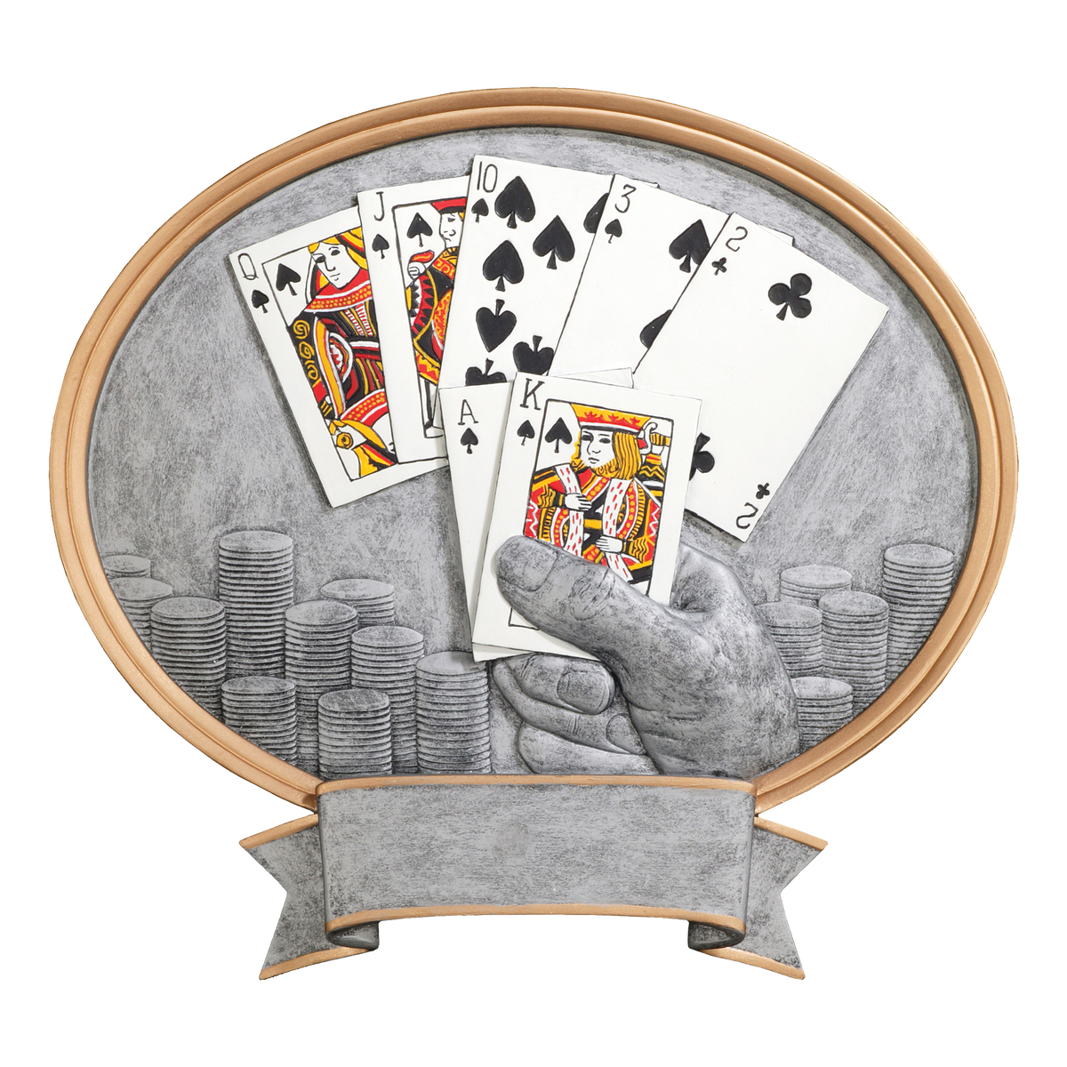 Oval poker award with full-color playing cards over stacks of chips in silver relief