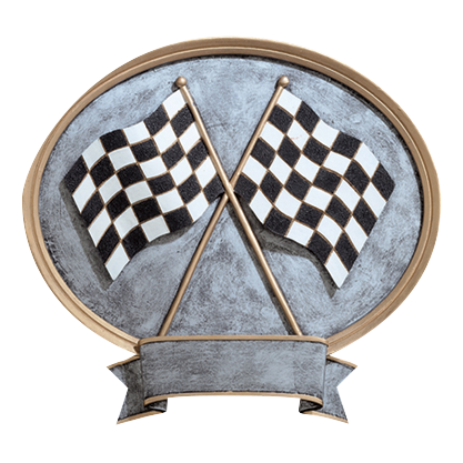 Oval racing award with black-and-white checkered flags over silver relief, 8 1/2 inch