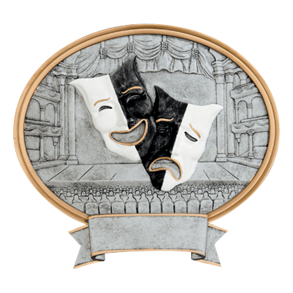 Oval drama award with comedy and tragedy masks on a theater stage in silver relief