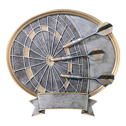 Oval darts award with three darts in a bullseye on a silver relief dartboard, 8 1/2 inch