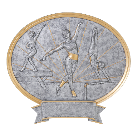 Oval gymnastics award with female gymnasts in silver relief, gold trim and a banner engraving plate