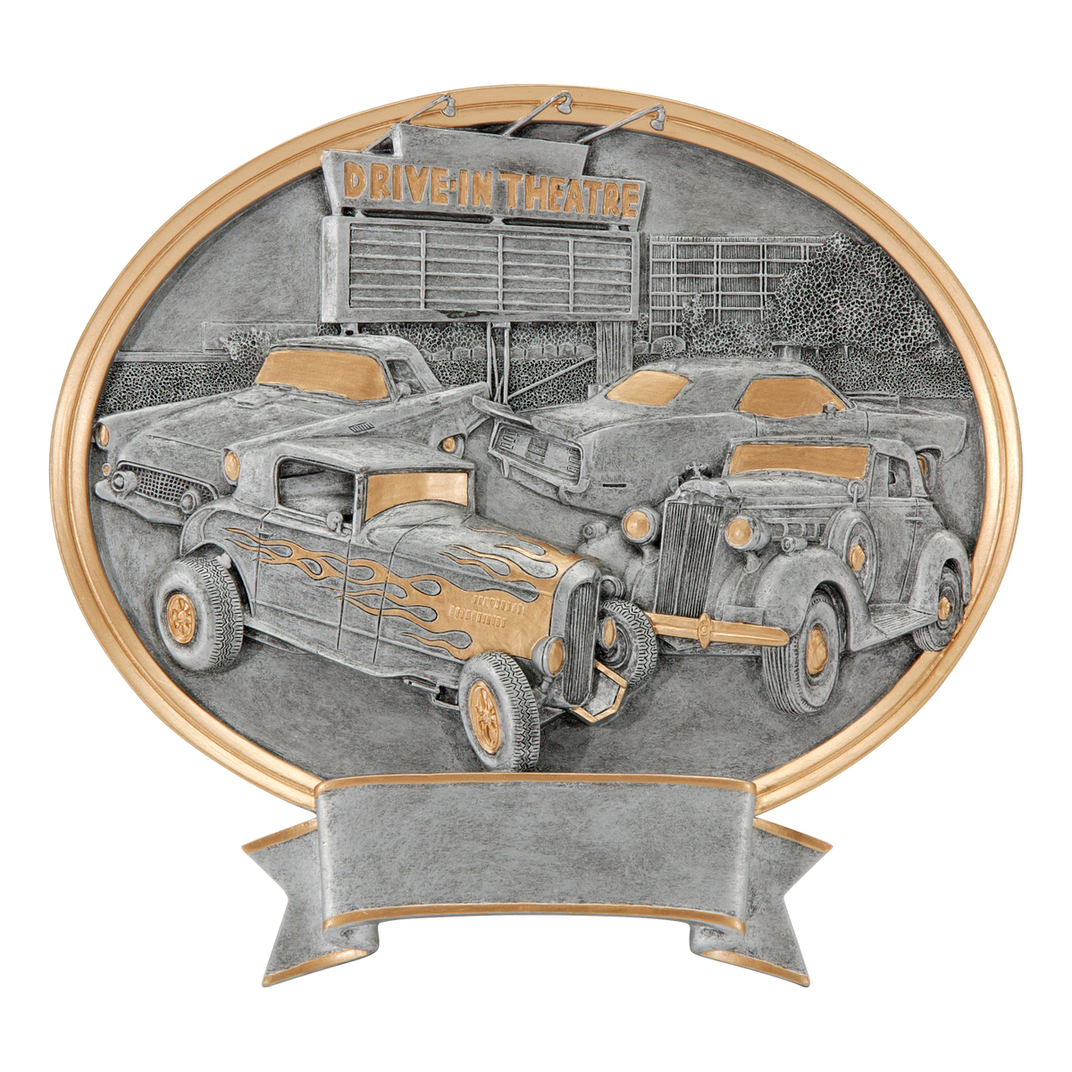 Oval car show award with classic hot rods and a drive-in sign in silver relief, 8 1/2 inch