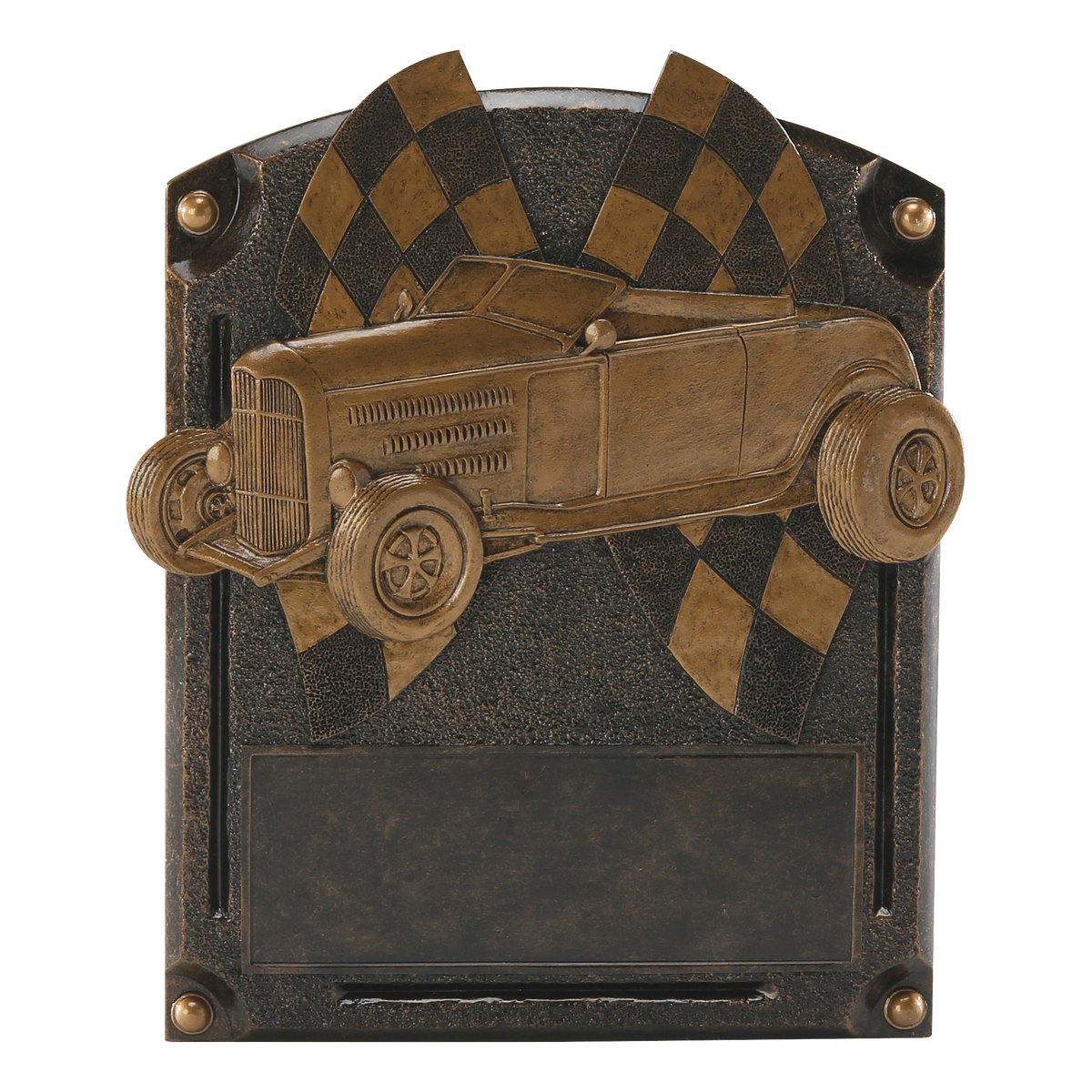 Legends of Fame hot rod plaque with a bronze high-relief roadster and checkered flags