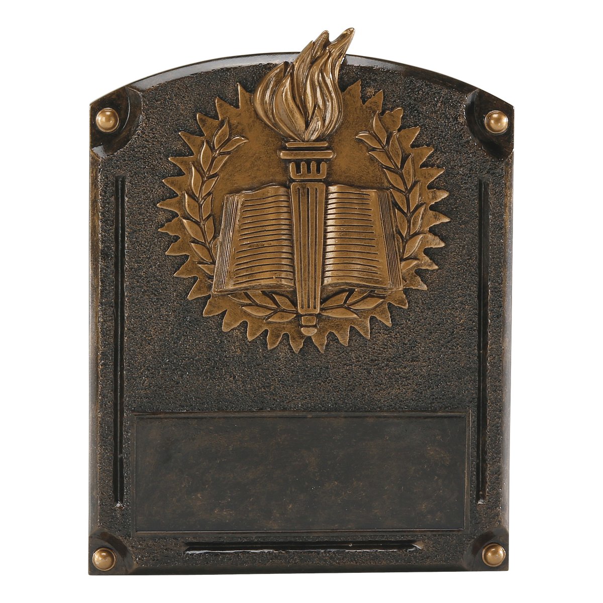 Legends of Fame academic plaque with a bronze torch and open book in a laurel wreath and an engraving area