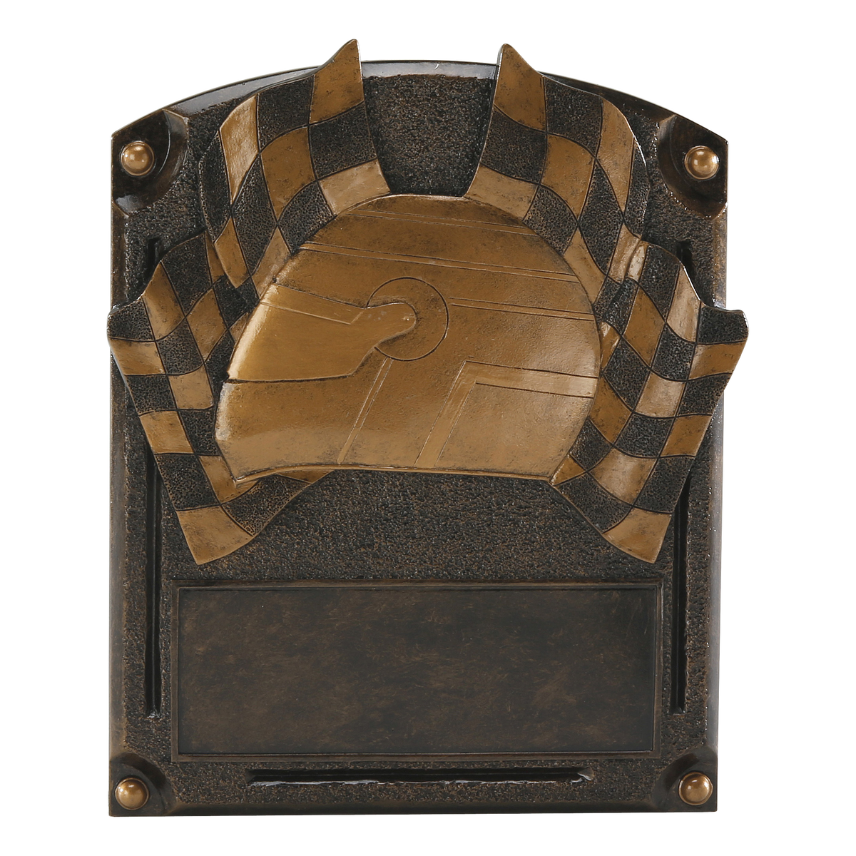 Legends of Fame racing plaque with a bronze high-relief racing helmet and checkered flags