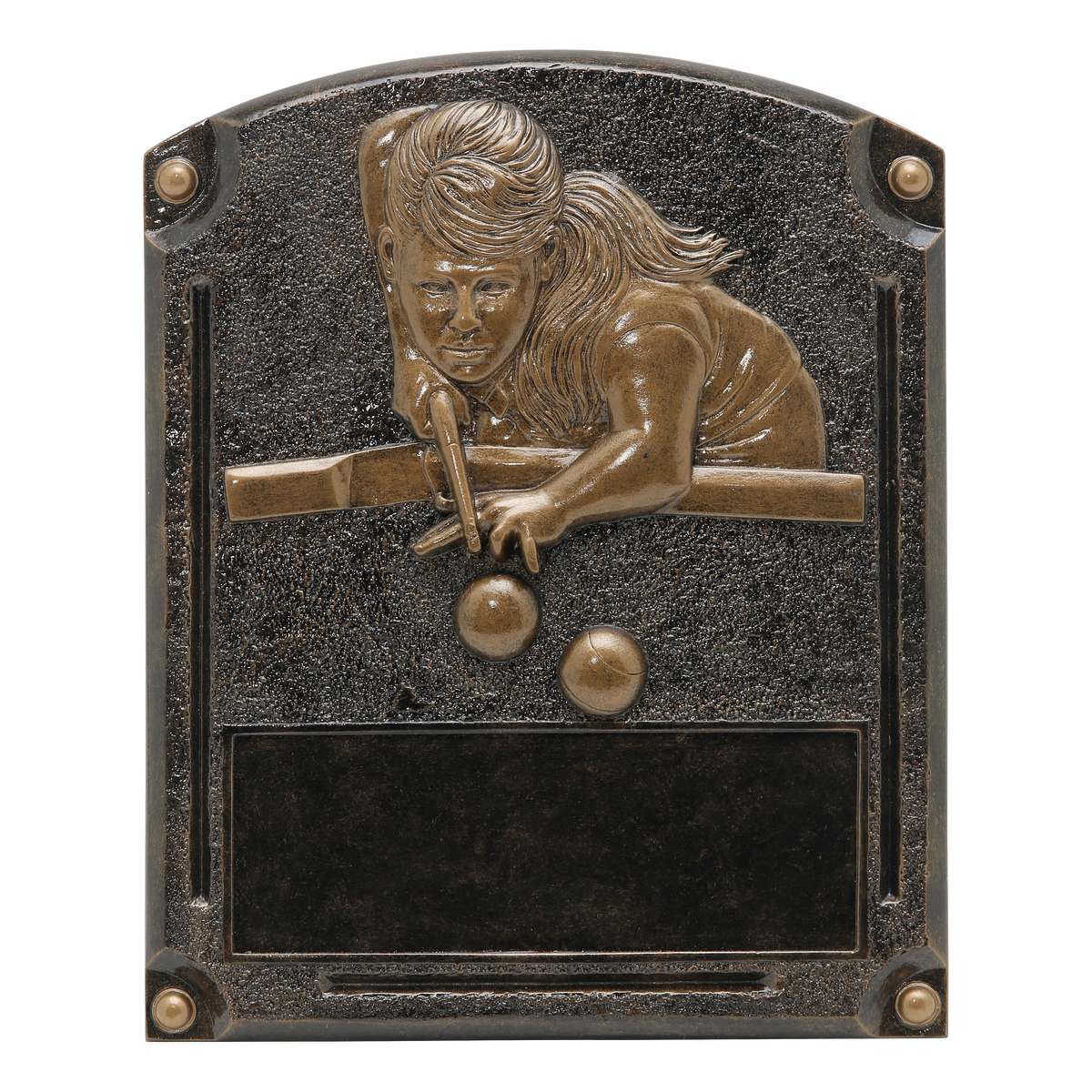 Legends of Fame billiards plaque with a bronze high-relief female pool player and an engraving area