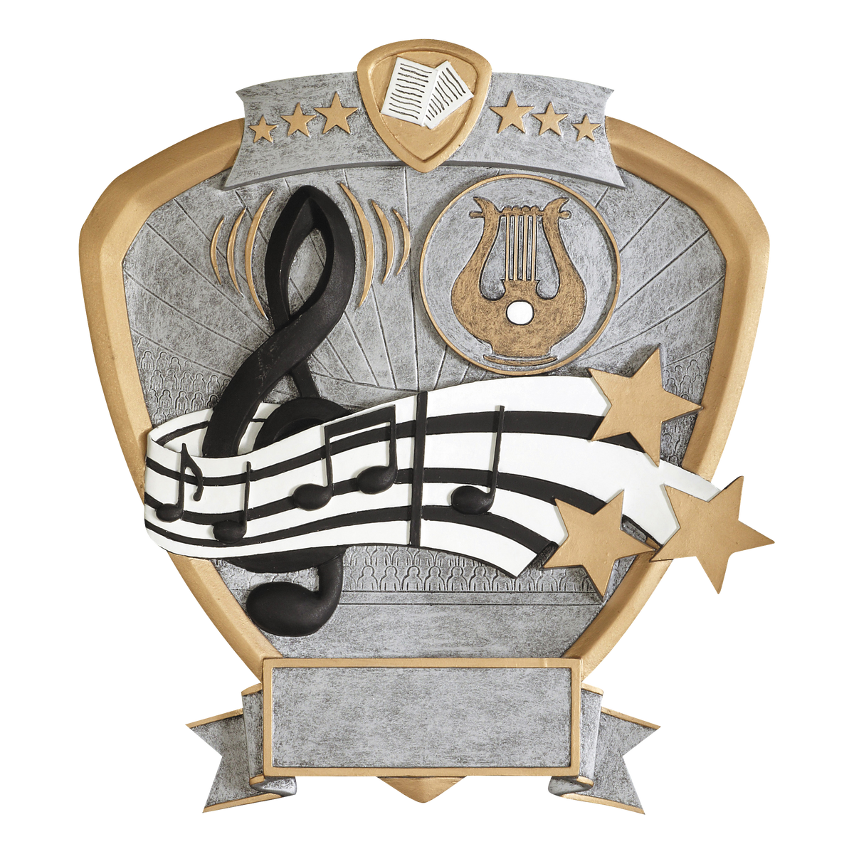 Music shield award with a treble clef, lyre and staff in silver relief and gold trim