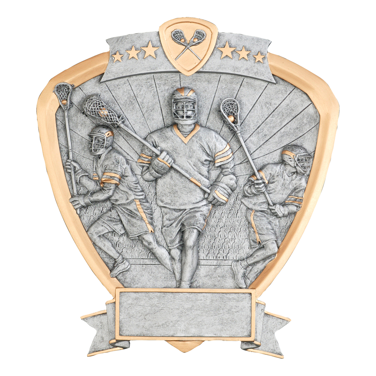 Lacrosse shield award with three male players in silver relief, gold trim and a banner engraving plate
