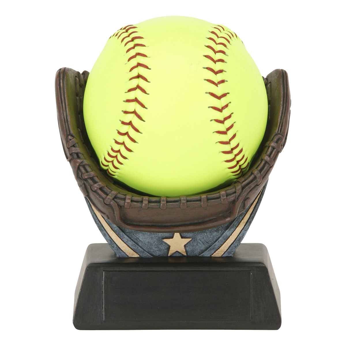 Sculpted resin softball glove holding a regulation yellow softball, with a star-accented shield and black engraving base