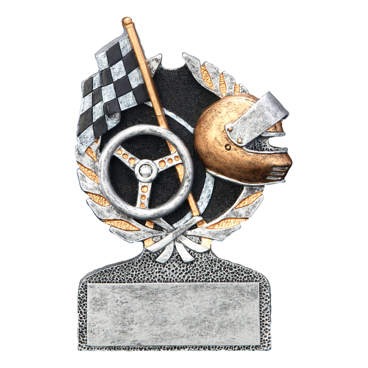 Centurion racing trophy with a steering wheel, helmet and checkered flag on a silver laurel crest