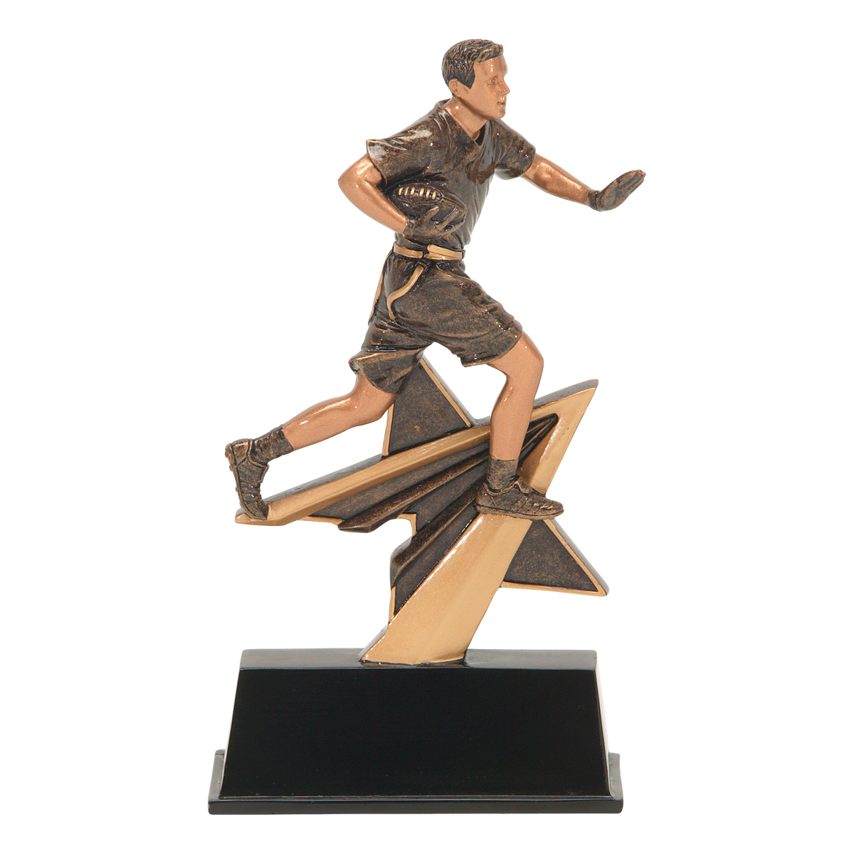 Star Power flag football trophy with a bronze player reaching for a flag on a gold shooting star over a black base