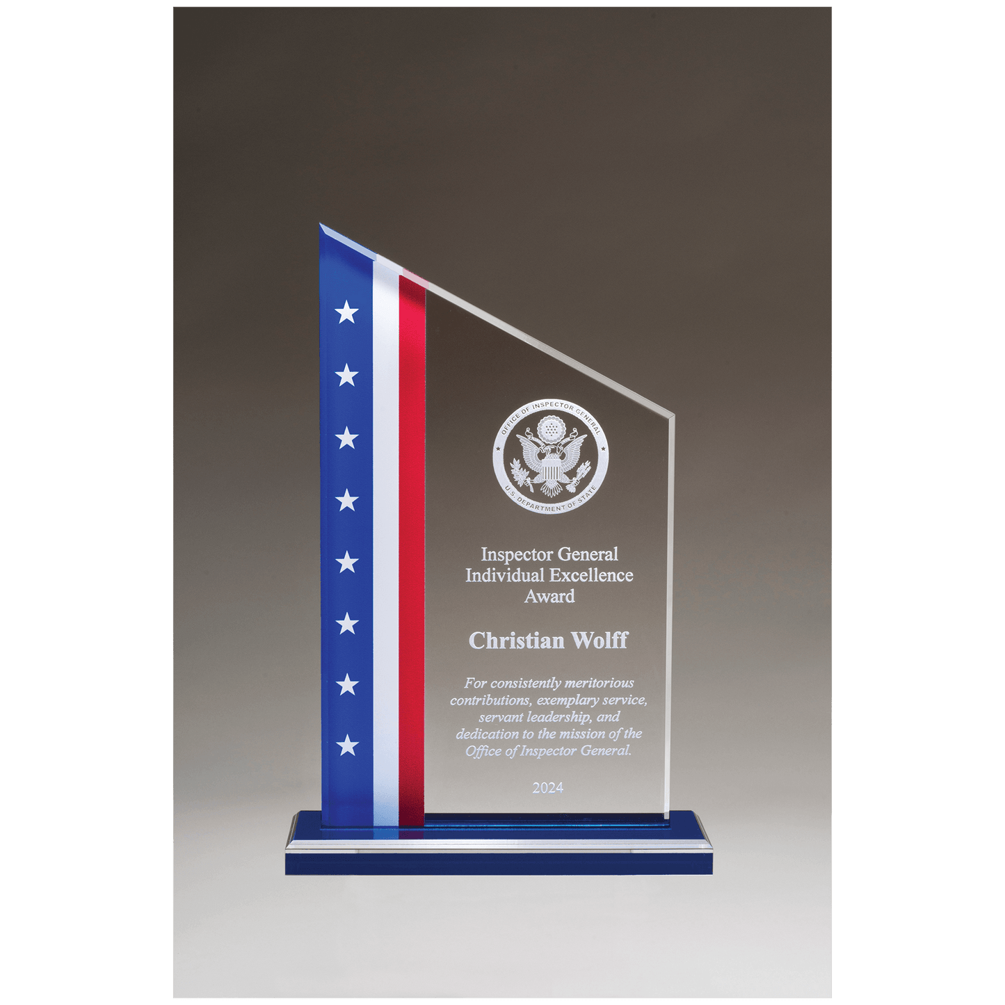 Zenith Series Clear Acrylic Award with American Flag Design - 6 ¾" x 10 ¾"