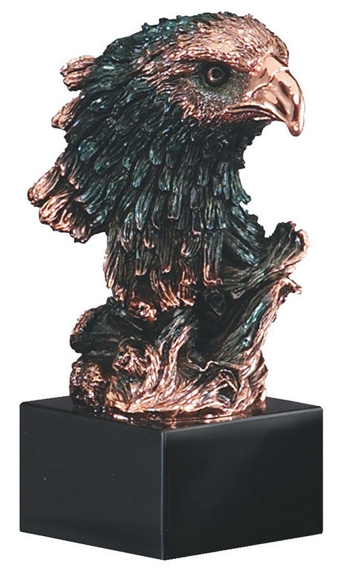 Bronze-finish eagle head sculpture on a black base