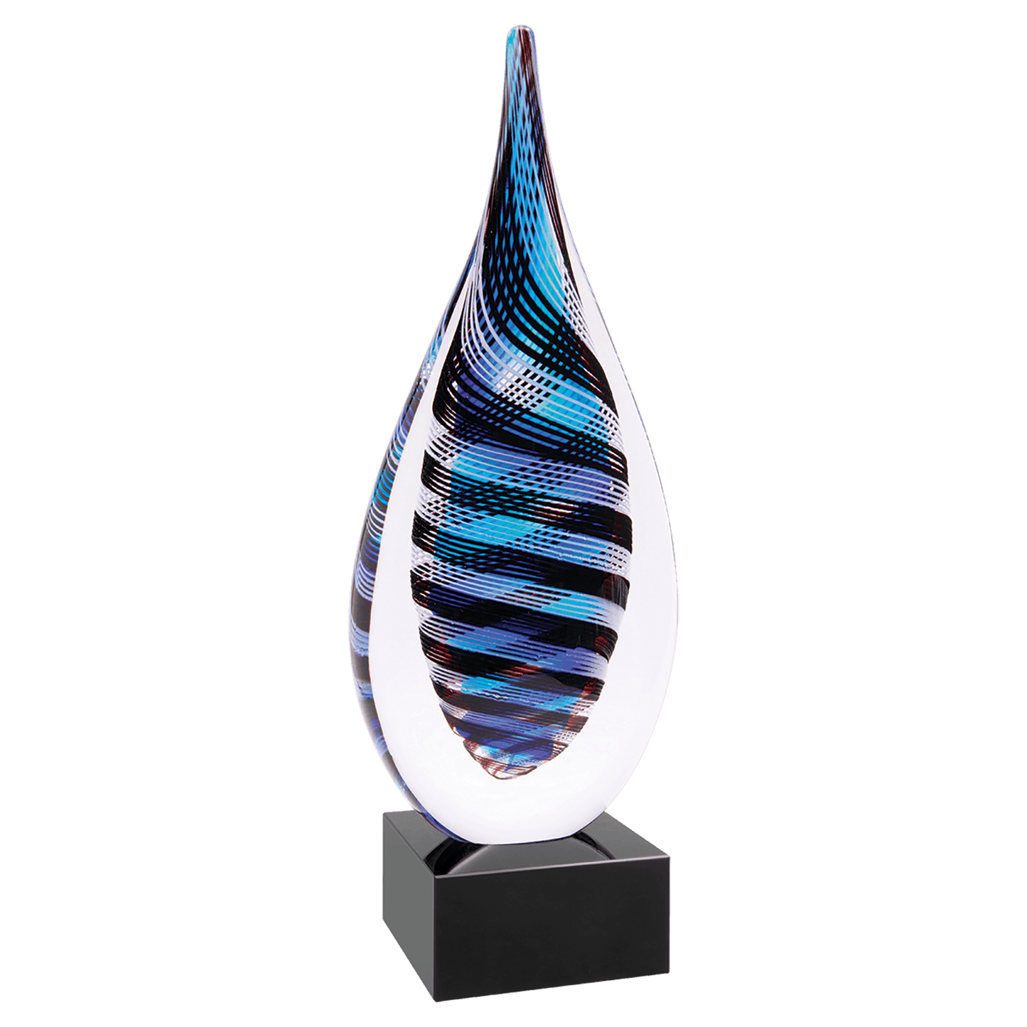 12" Blue, White & Black Twisted Rain Drop Art Glass, hand-blown glass award