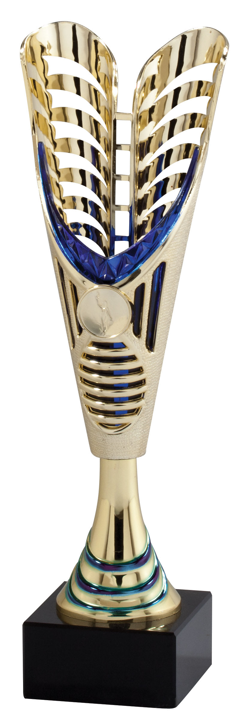 Gold V-Wing cup trophy with blue accent, 13.25 inch