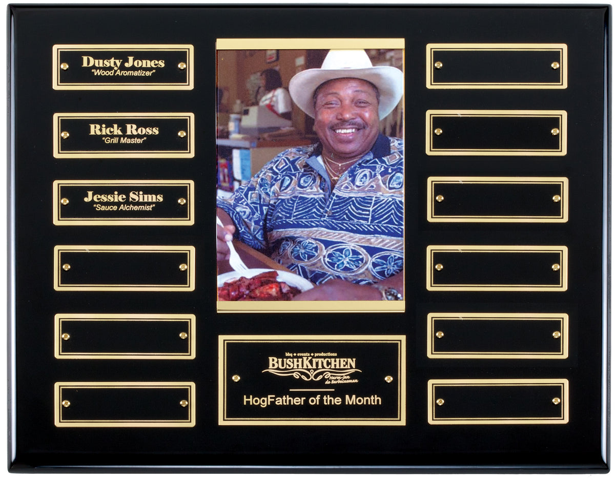 Ebony photo perpetual plaque with gold name plates and a photo window