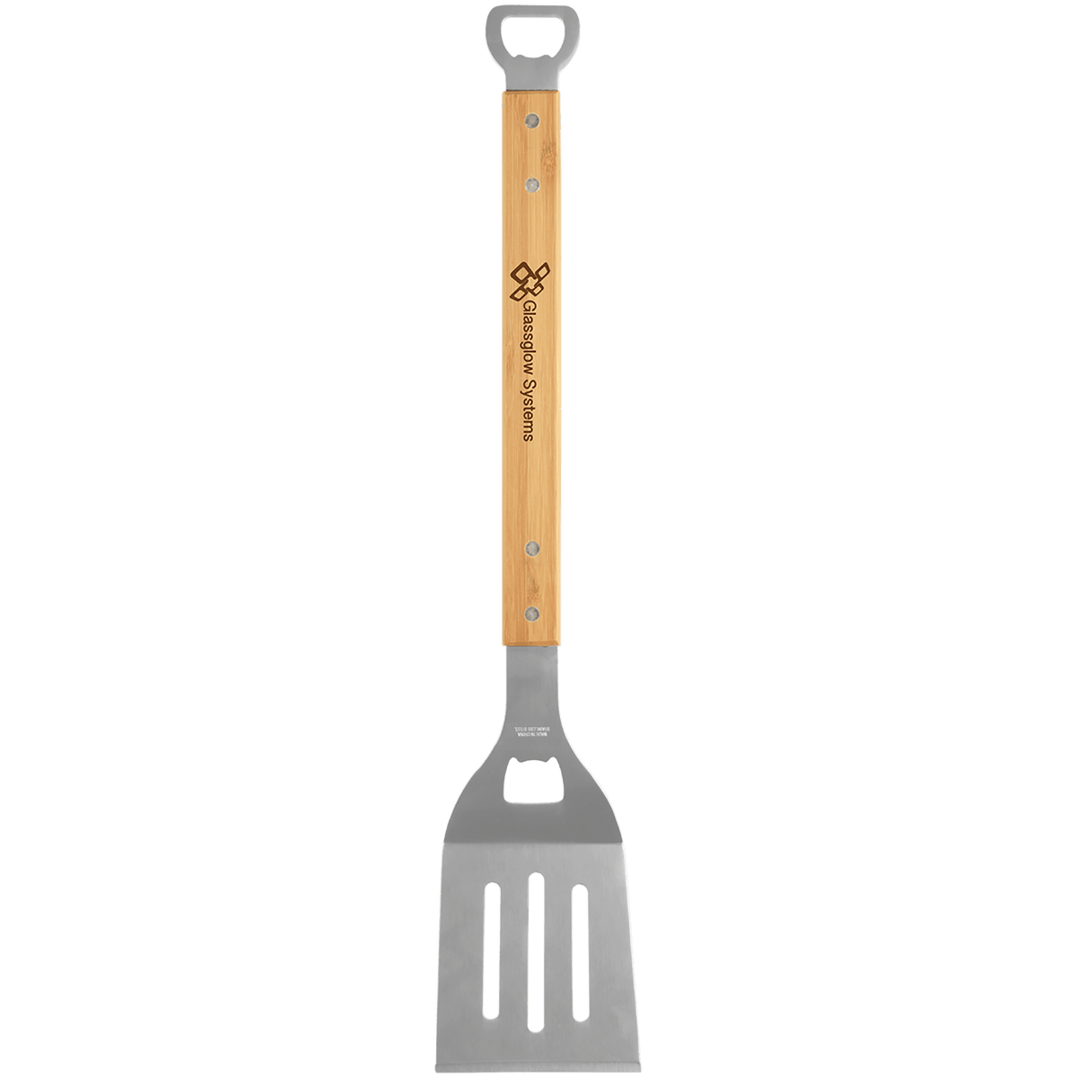 Personalized 19 inch BBQ spatula with bottle openers and engraved bamboo handle