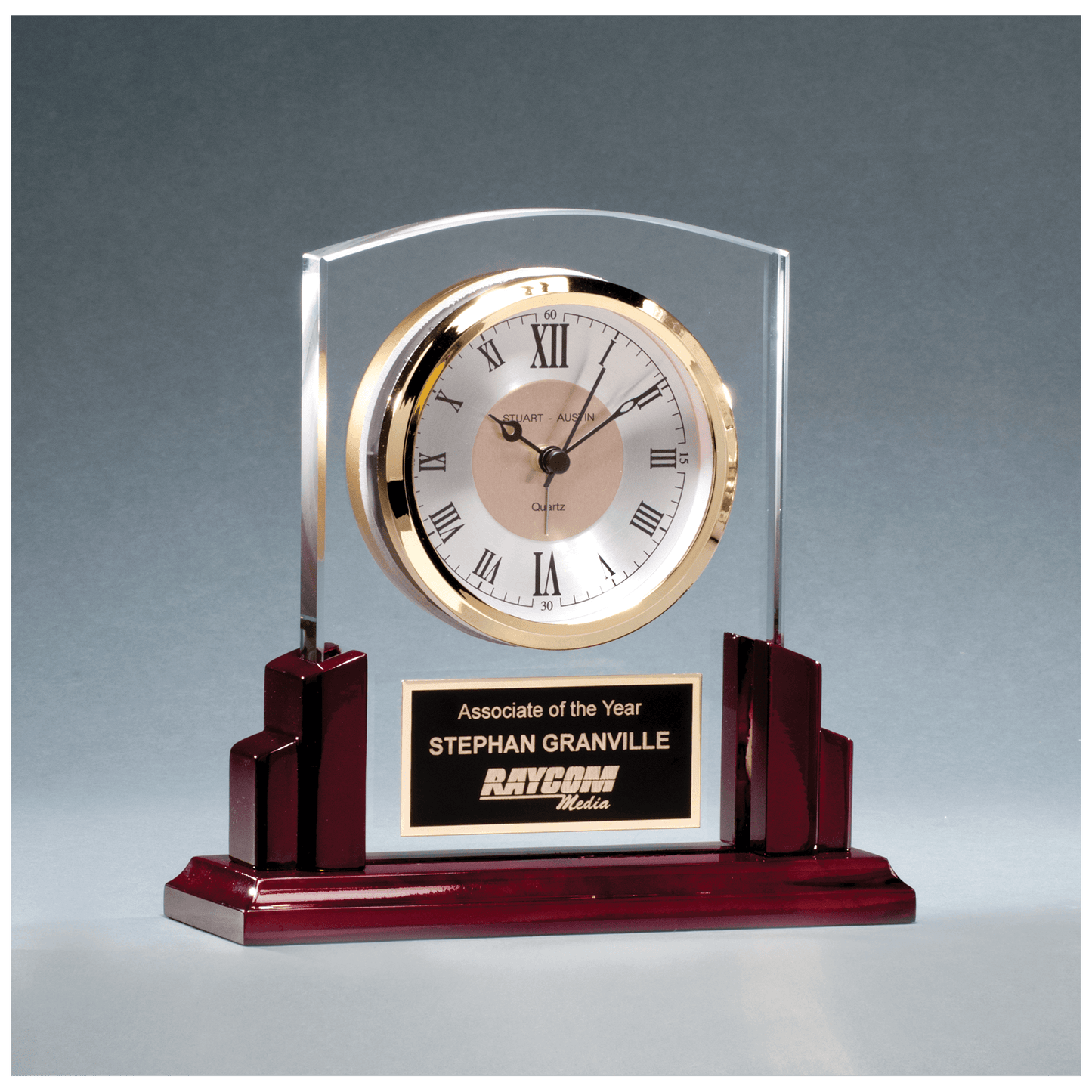 Glass clock with rosewood high gloss base