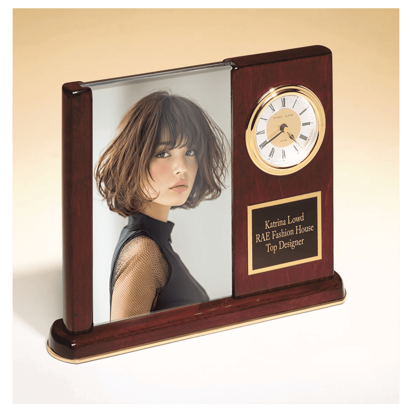 Rosewood Piano Finish Desk Clock with Glass Picture Frame, 6 3/4" x 8 1/2"