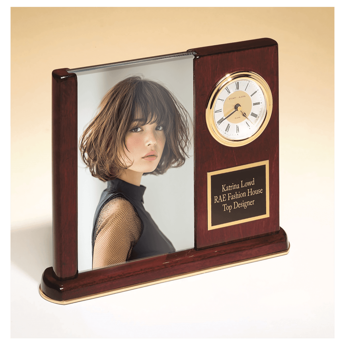 Rosewood piano finish desk clock with glass picture frame