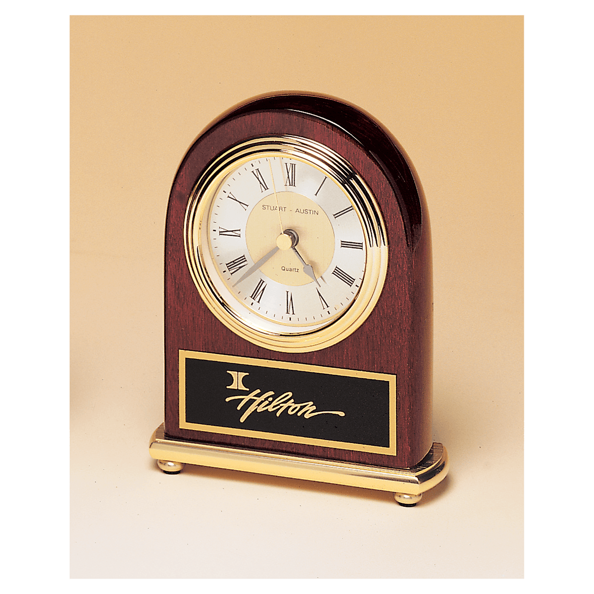 Rosewood piano finish arch desk clock with brass base and diamond spun dial