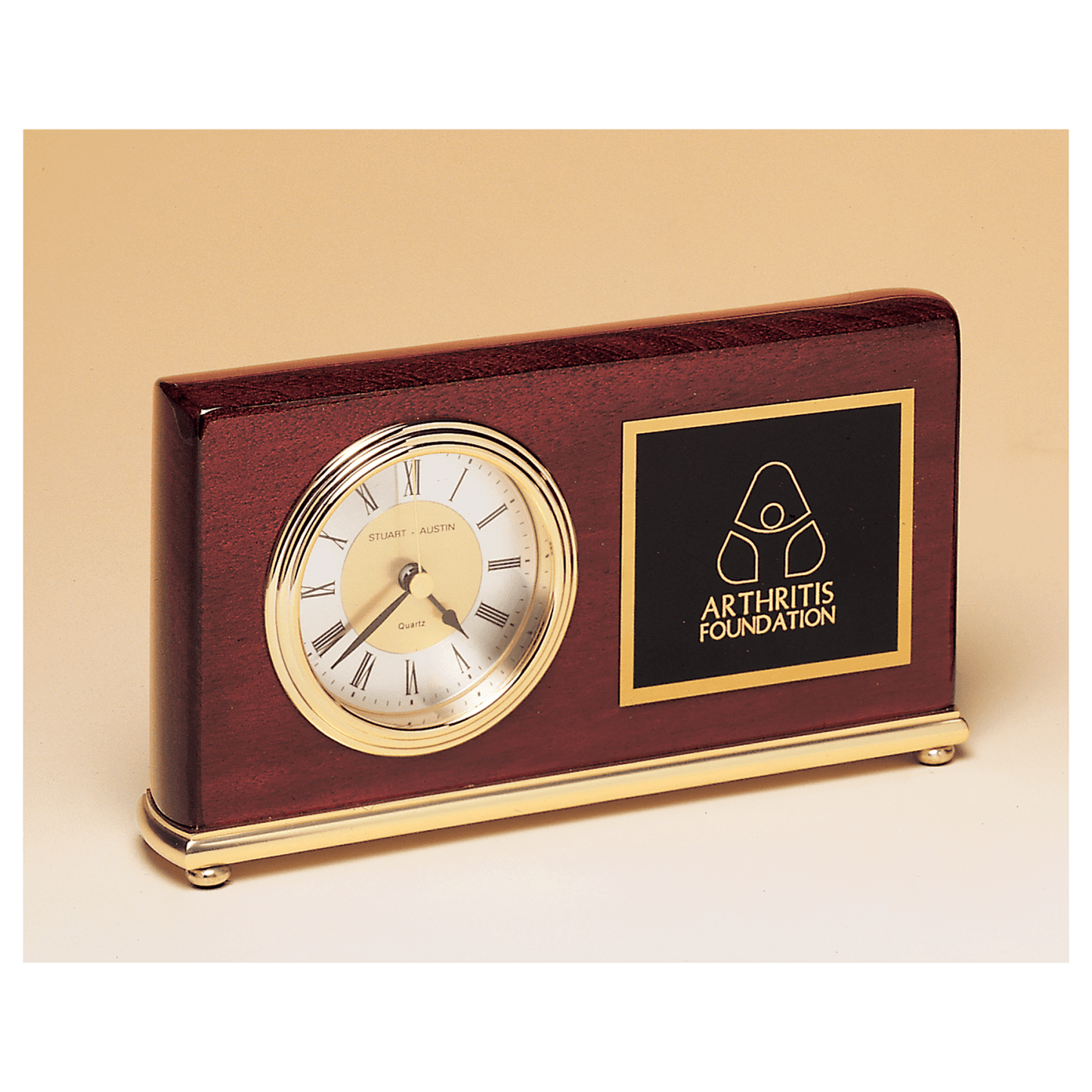 Rosewood Piano Finish Desk Clock with Brass Base and Diamond-Spun Dial, 4" x 7 5/8"