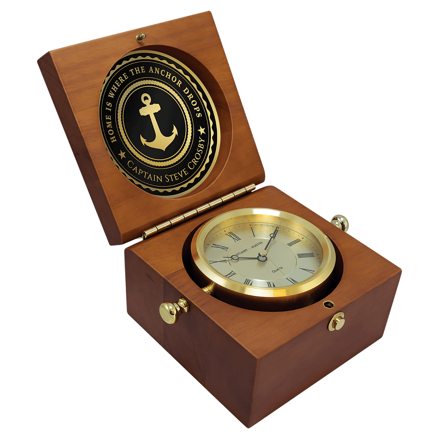 Captain's clock with hand rubbed mahogany finish case and solid brass housing