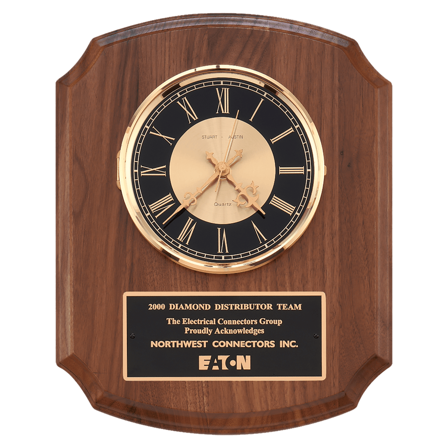 Walnut wall clock with brass diamond-spun bezel and black and gold dial