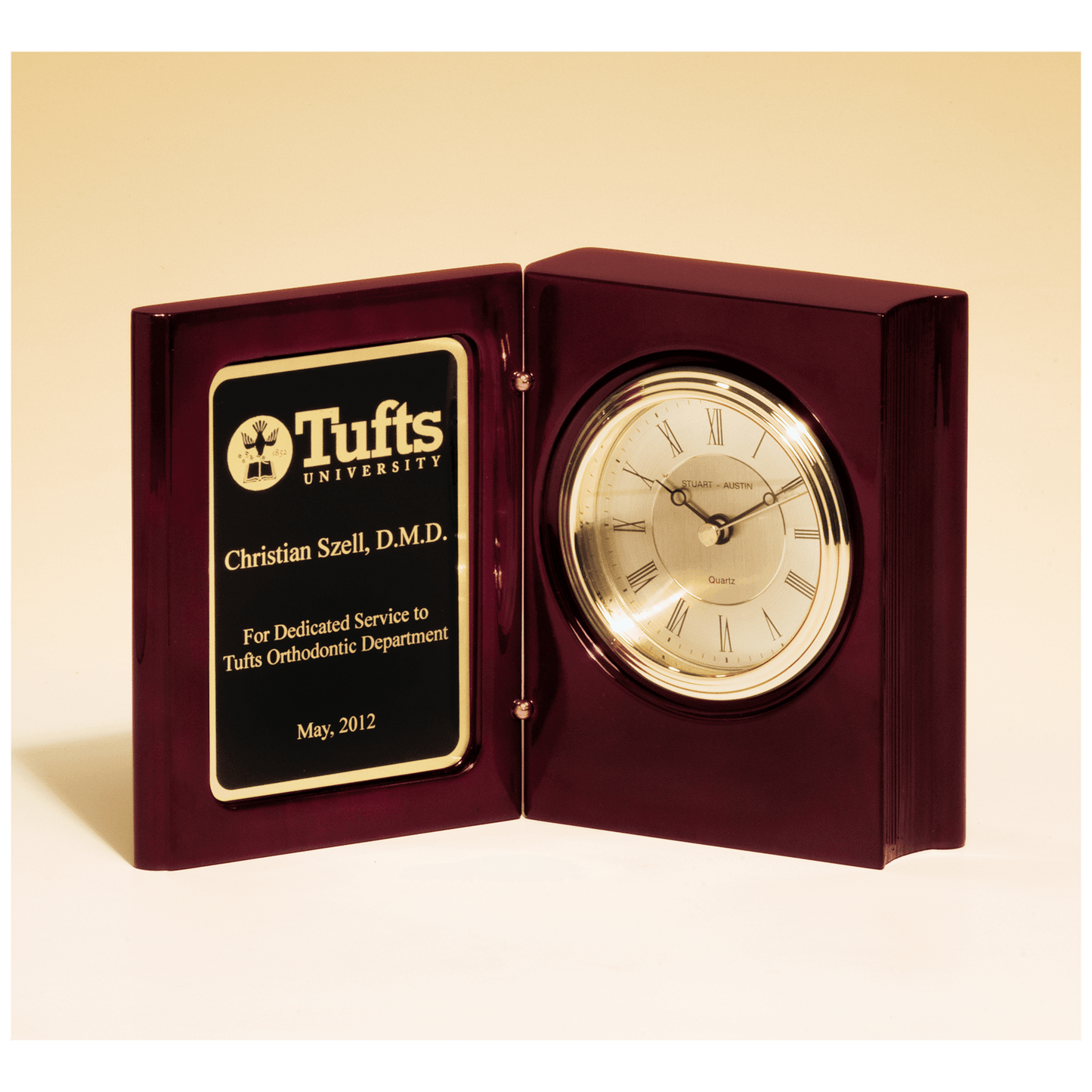 Rosewood piano finish book clock with diamond spun dial and three hand movement