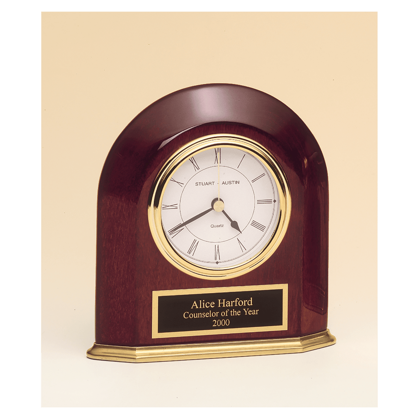 Rosewood Piano Finish Arched Table Clock with Solid Brass Base, 5 5/8" x 5 7/8"