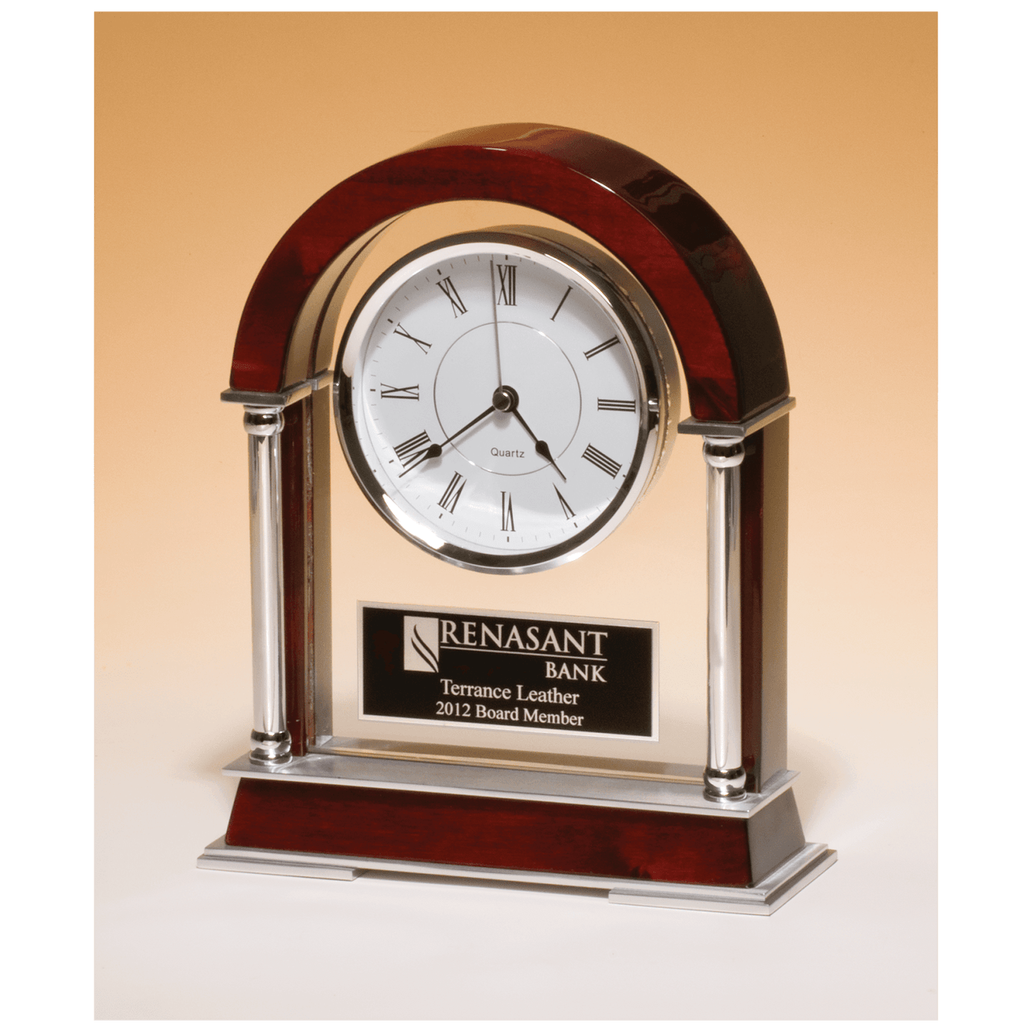 8 1/2" x 10 1/2" Rosewood Piano Finish Mantle Clock with Chrome Posts and Silver Accents