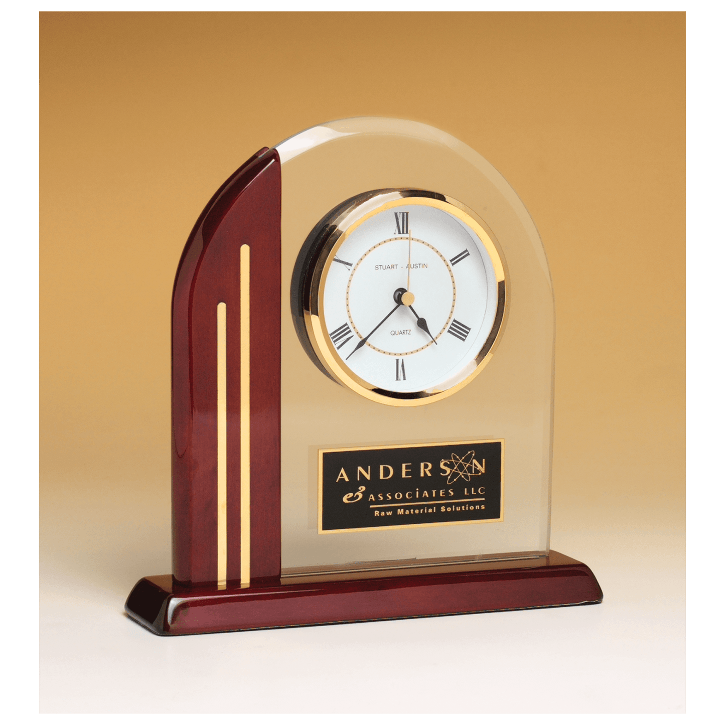 Arch Desk Clock with Glass Upright and Rosewood Piano Finish Base, 7 1/2" x 7 7/8"