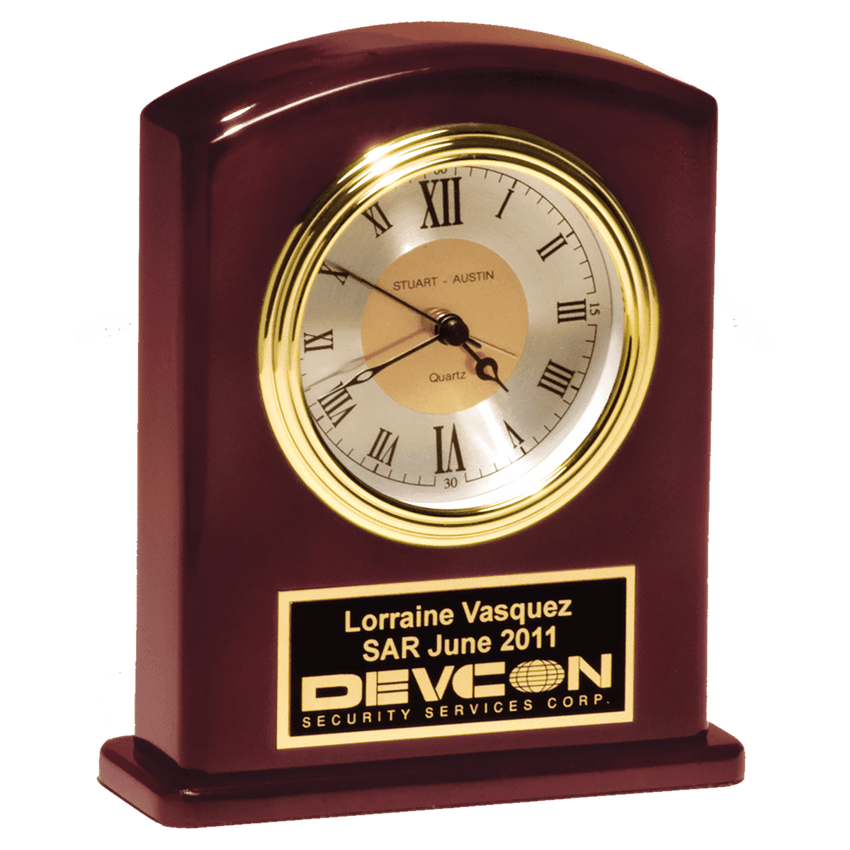 High gloss rosewood finish clock with diamond spun dial and three hand movement