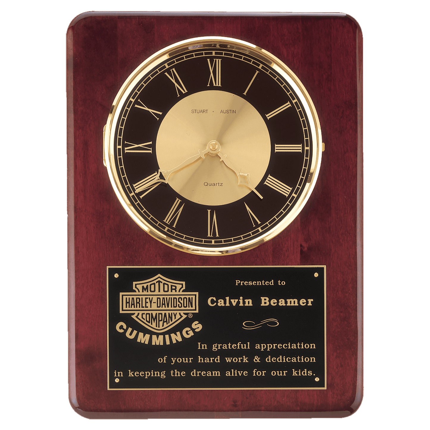 Rosewood Piano Finish Wall Clock with Brass Bezel and Glass Lens, 12" x 15"