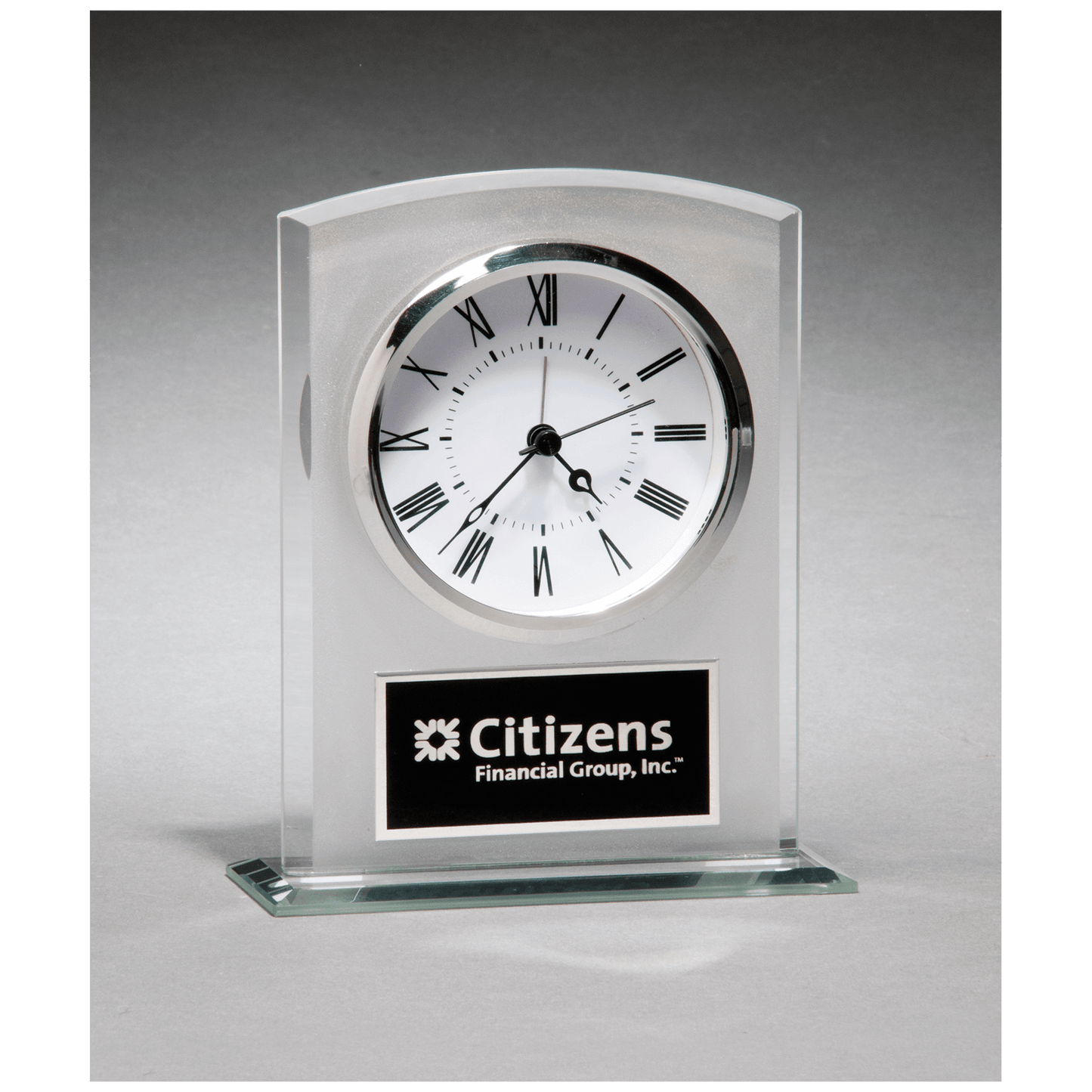 Glass clock with frosted top, polished edges and base