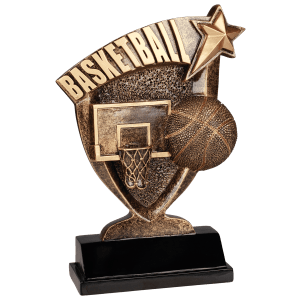 Basketball Broadcast resin trophy with stadium styling and a gold basketball