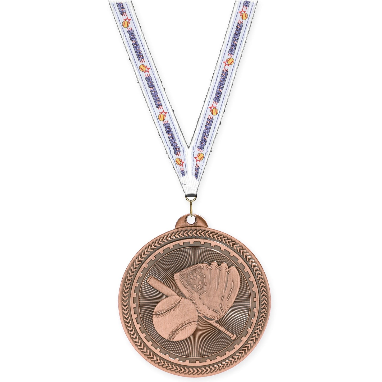 2 inch baseball and softball Sunburst medal in antique bronze with Softball neck ribbon