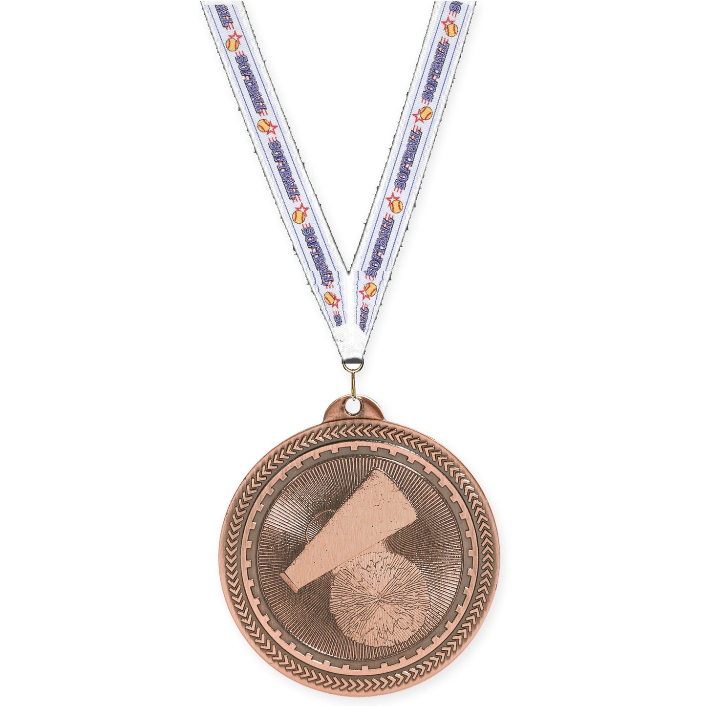 2 inch cheerleading Sunburst medal in antique bronze with Softball neck ribbon
