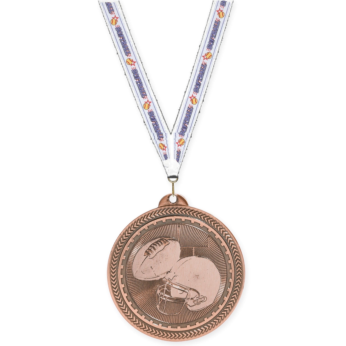 2 inch football Sunburst medal in antique bronze with Softball neck ribbon