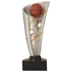 Basketball Banner resin trophy with a team banner behind a gold basketball