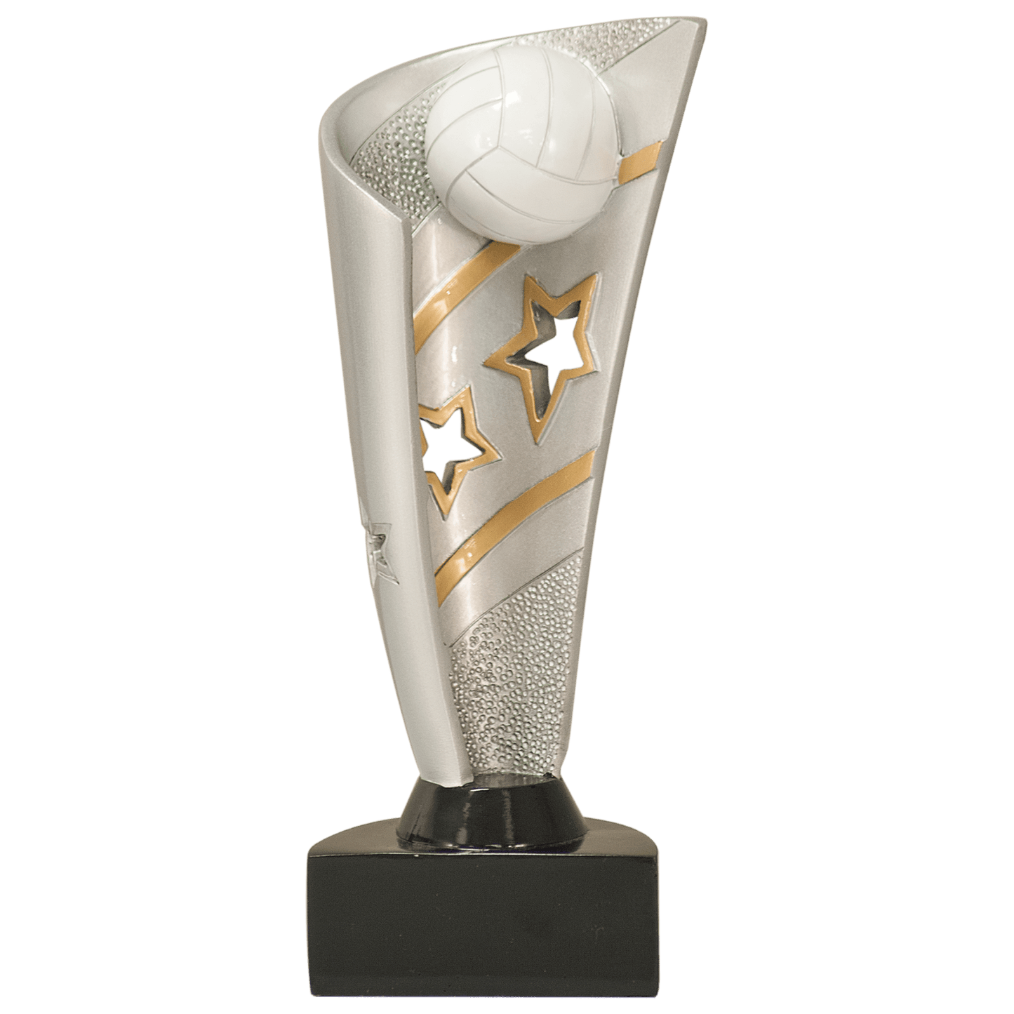 8½" Volleyball Banner full-color resin trophy in bright silver and gold