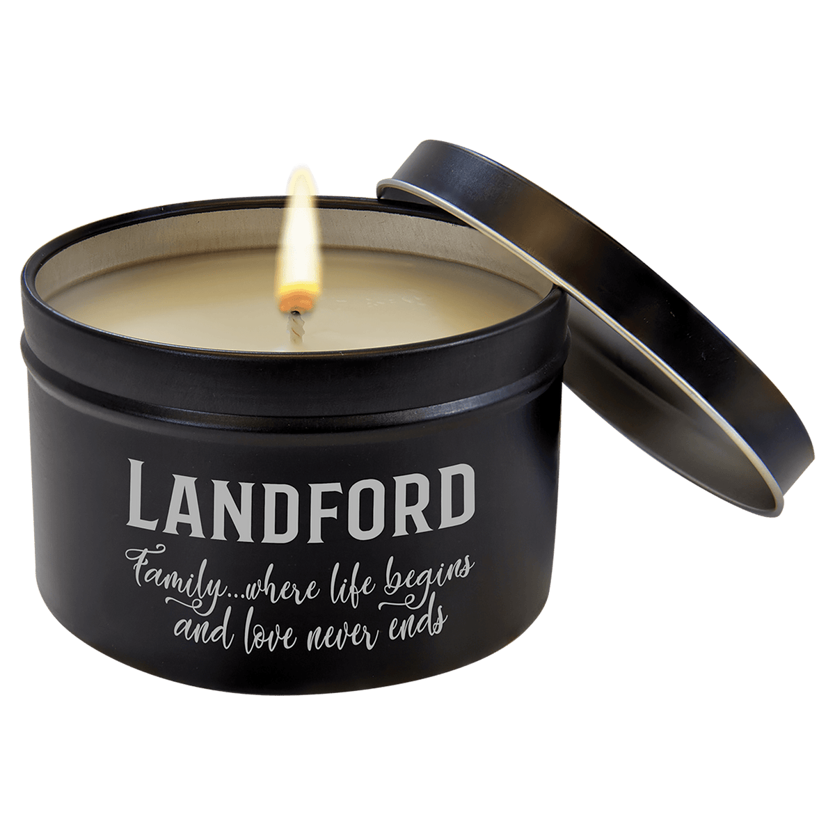 Personalized 8 oz bright citrus soy candle in black metal tin