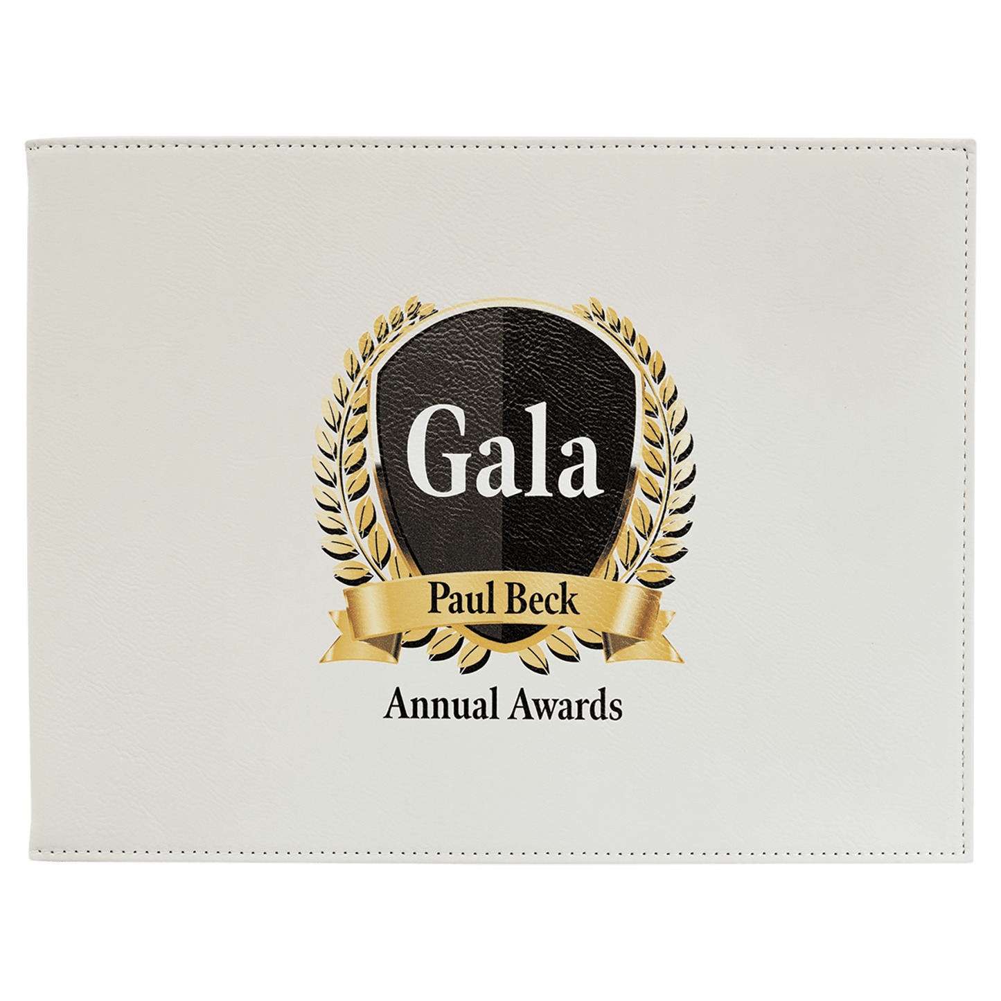 Personalized white leatherette certificate holder, custom engraved