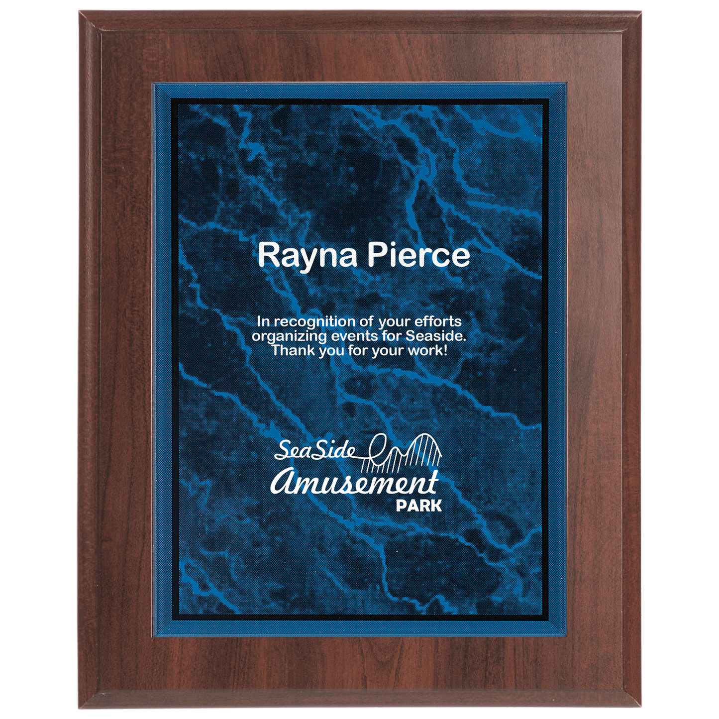 Small Cherry Finish Plaque with Blue Marble Acrylic Plaque Plate
