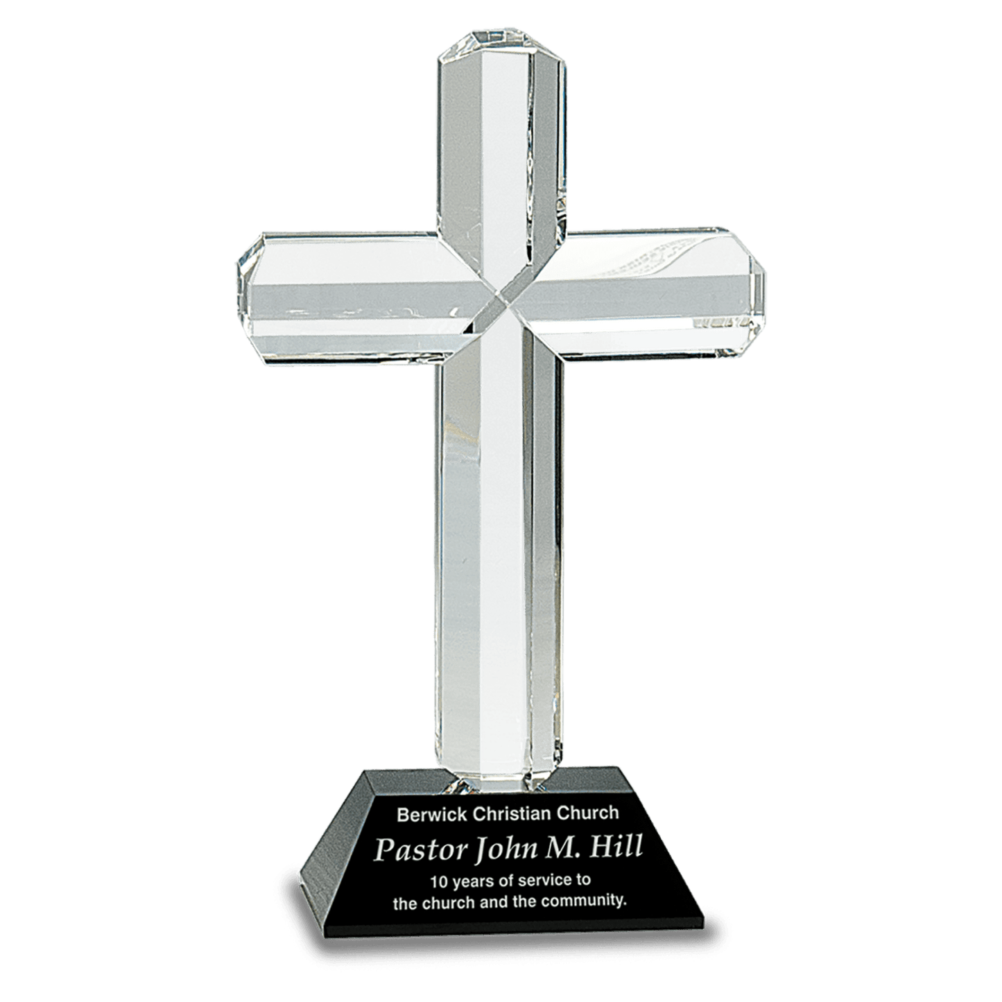 Crystal cross award on black pedestal base, 8.5 inches tall